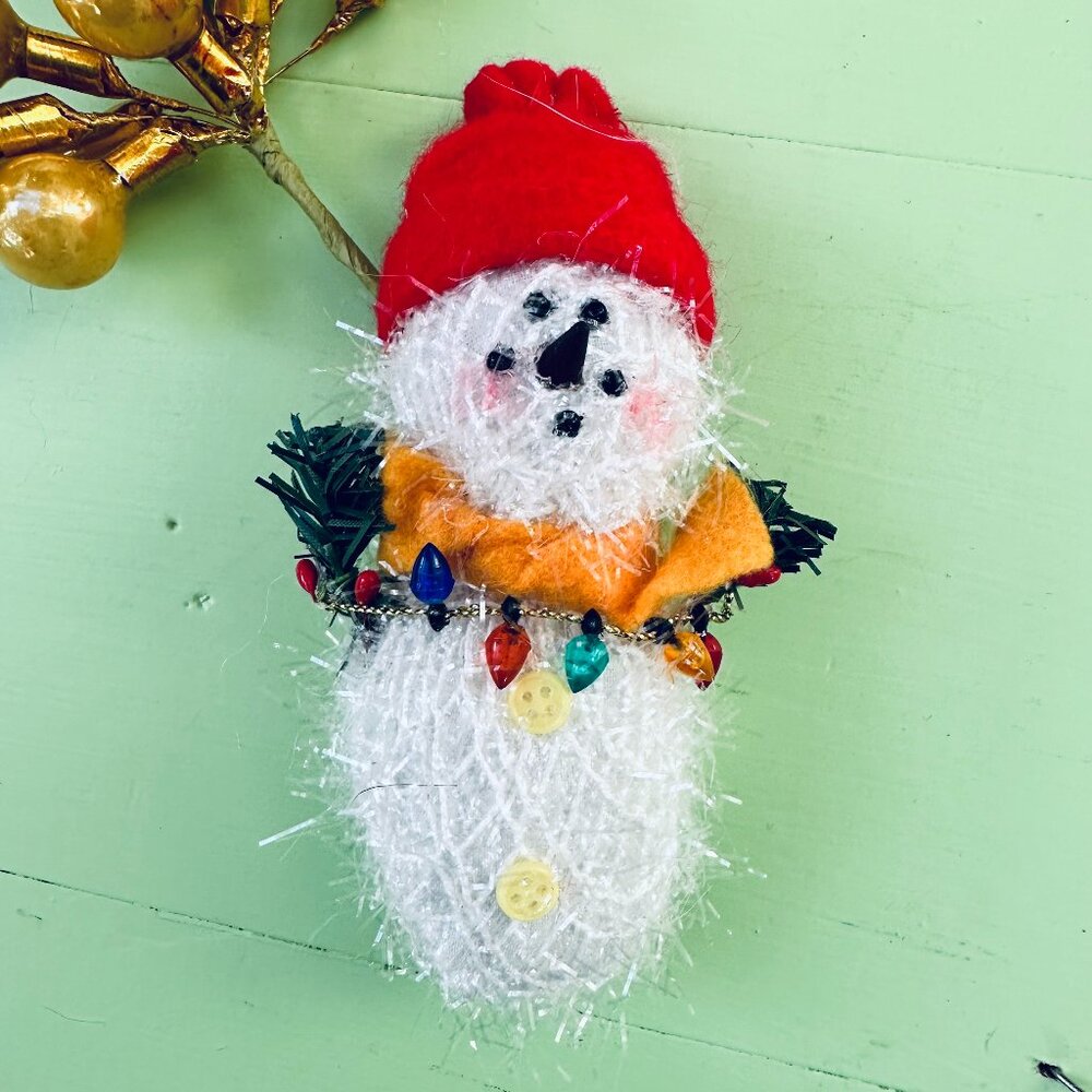Vintage Handmade Snowman Plush Christmas Figurine Folk Art Decor Lights